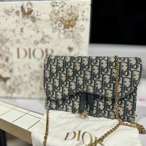 Christian Dior Saddle Chain Wallet Oblique Canvas Blue